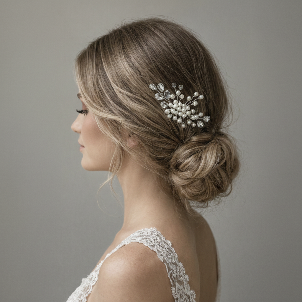 Bridal pearl hair comb styled in a low bun hairstyle, elegant wedding hair accessory