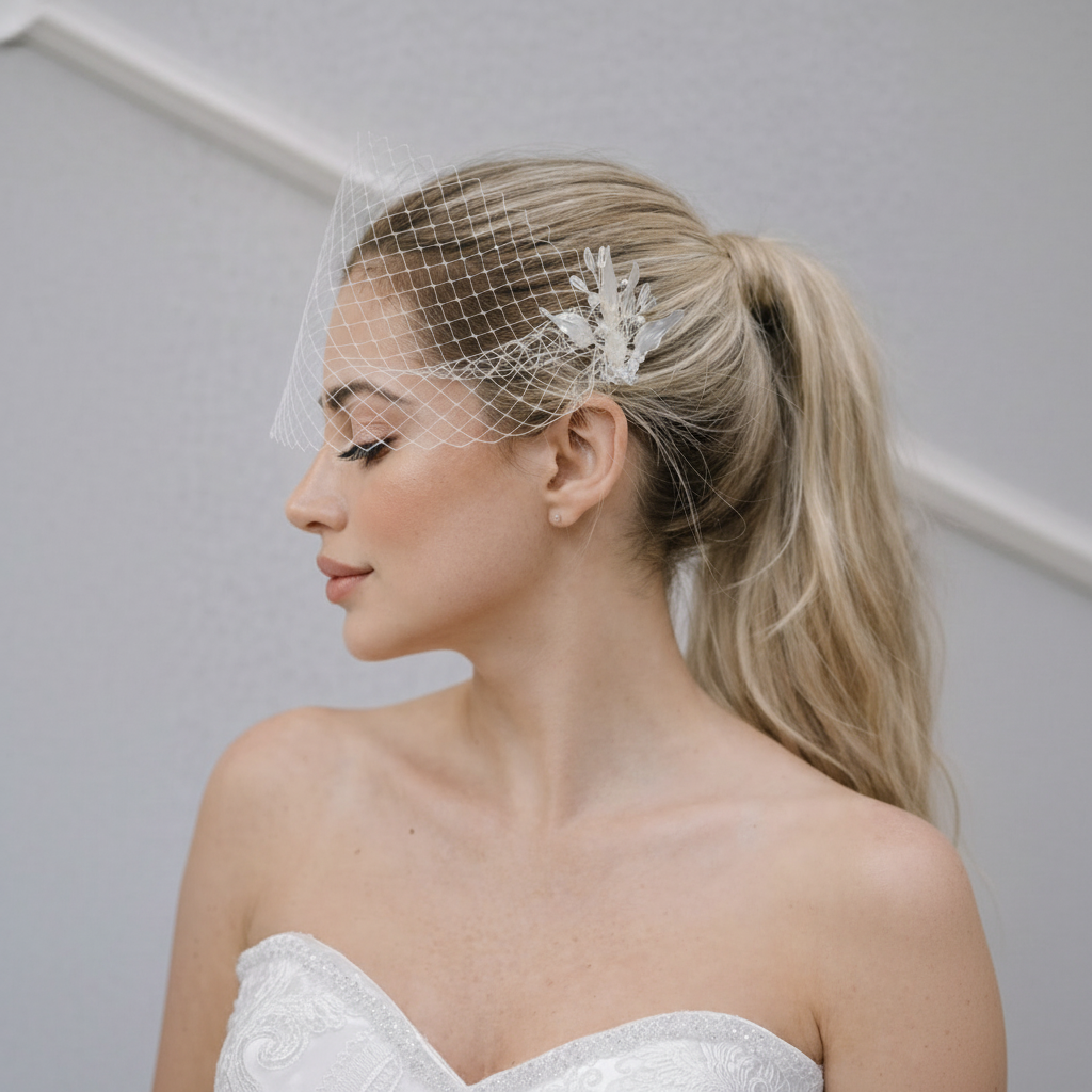 Ivory birdcage veil with crystal bridal hair accessory worn with a strapless wedding dress