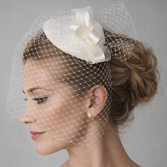 Ivory birdcage veil bridal hair accessory styled with a classic updo
