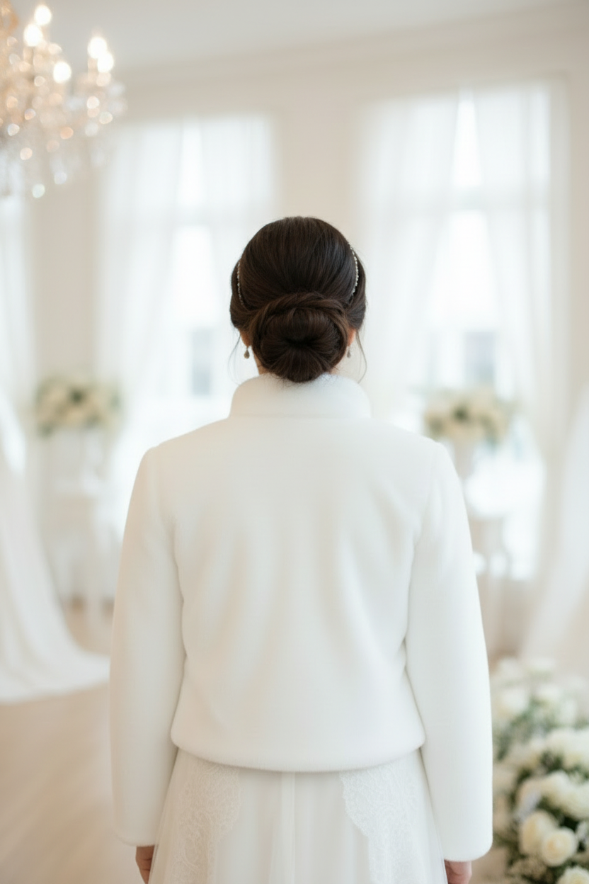 Ivory faux fur bridal jacket worn over a wedding dress, elegant winter bridal outerwear
