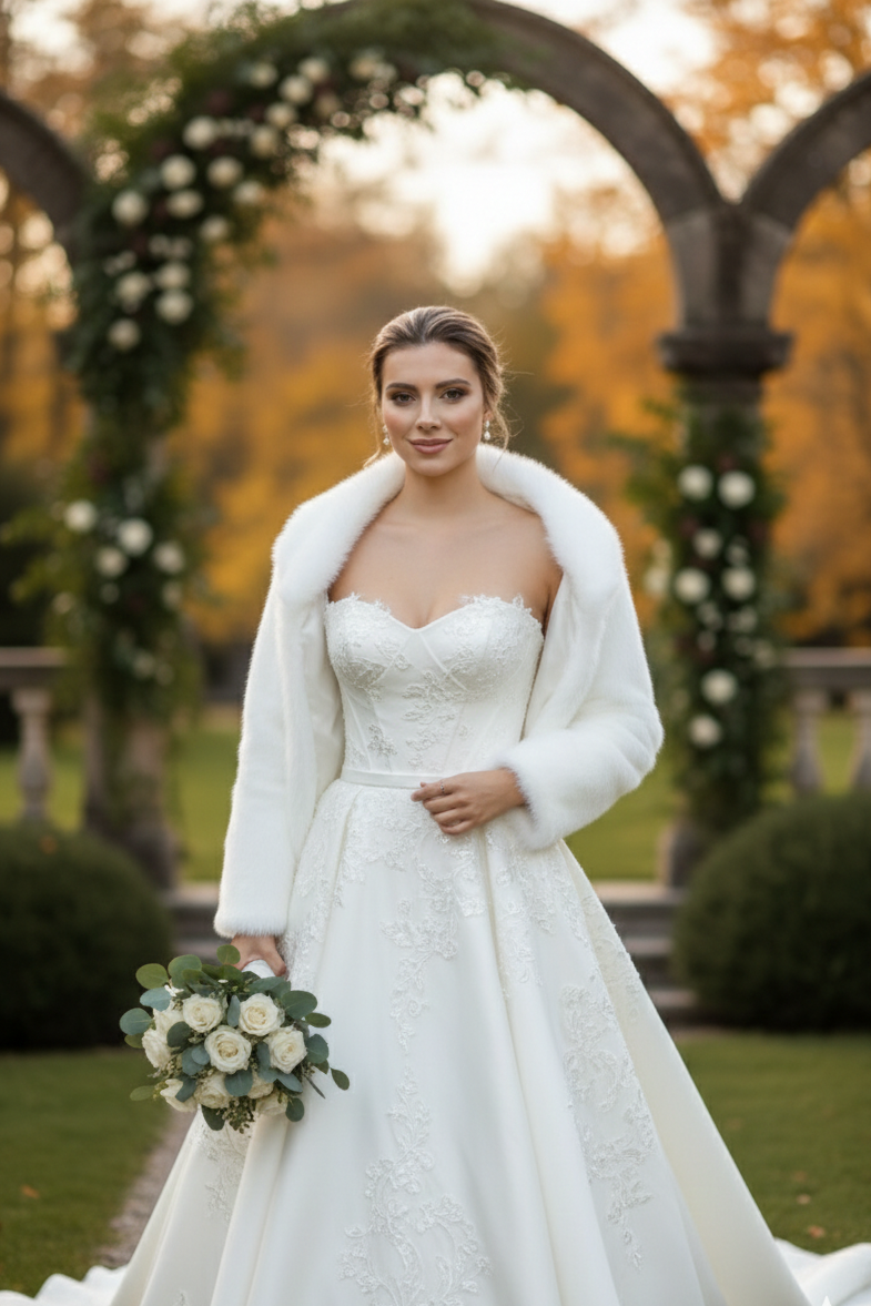 Ivory faux fur bridal jacket worn over a lace wedding dress, elegant winter outdoor wedding look

