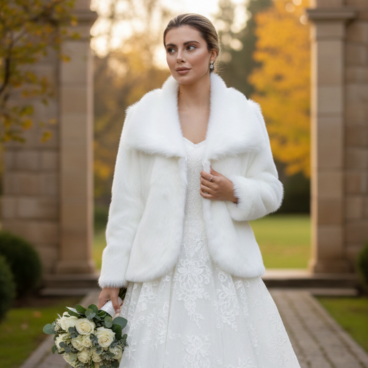 Ivory faux fur bridal jacket worn over a lace wedding dress, elegant winter outdoor wedding look
