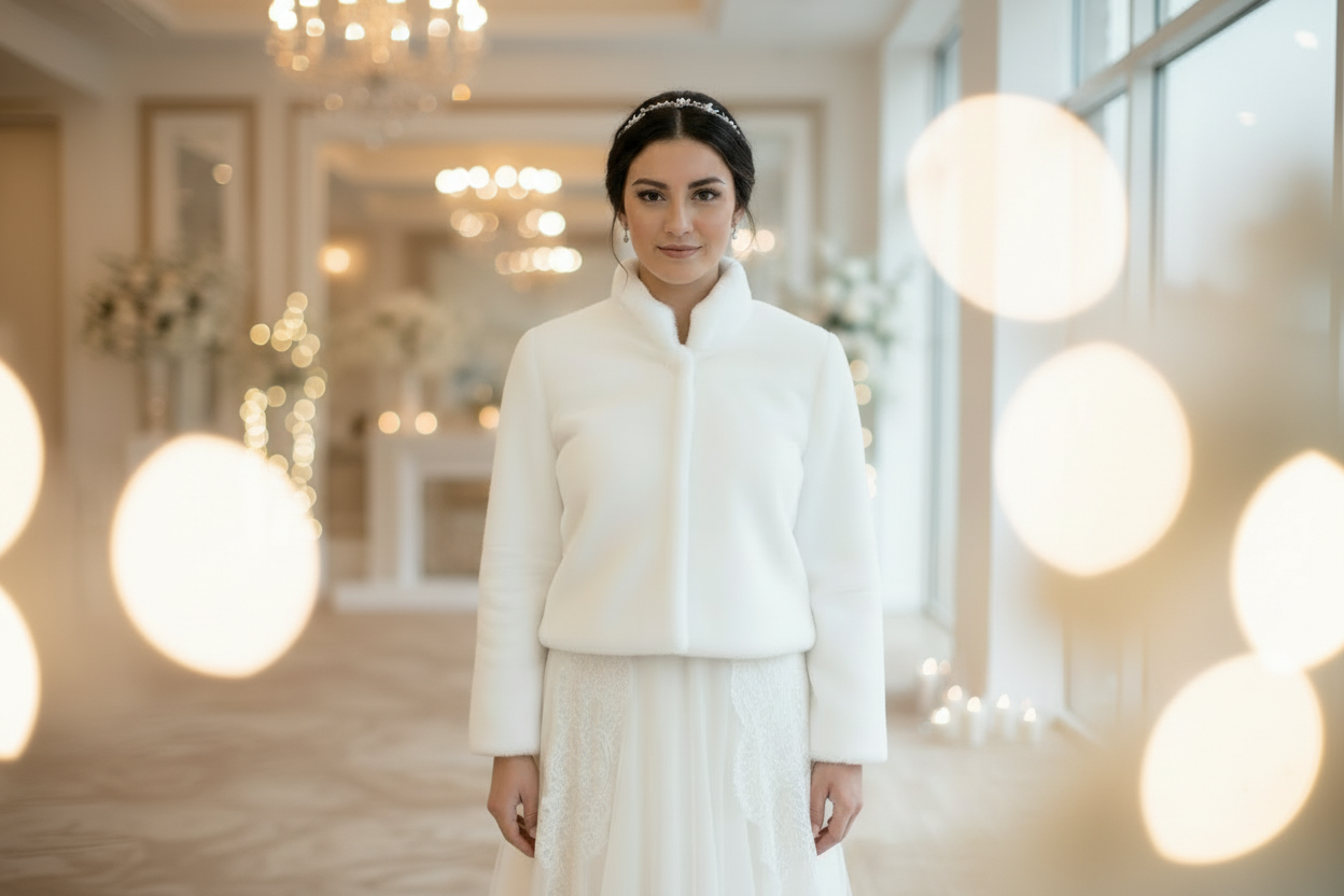 Ivory faux fur bridal jacket worn over a wedding dress, elegant winter bridal outerwear