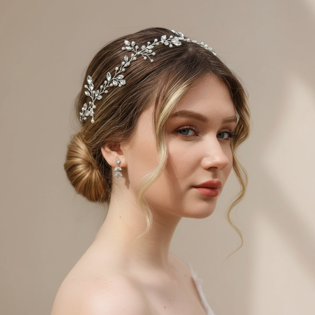 Ivory floral pearl bridal hair vine styled in a low bun, elegant wedding headpiece
