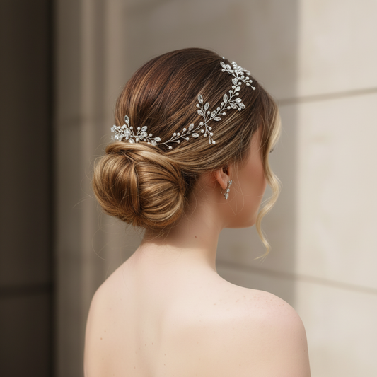 Ivory floral pearl bridal hair vine styled in a low bun, elegant wedding headpiece
