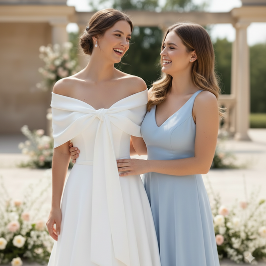 Ivory satin bridal bolero worn over an off-shoulder wedding dress, elegant and minimalist bridal wrap
