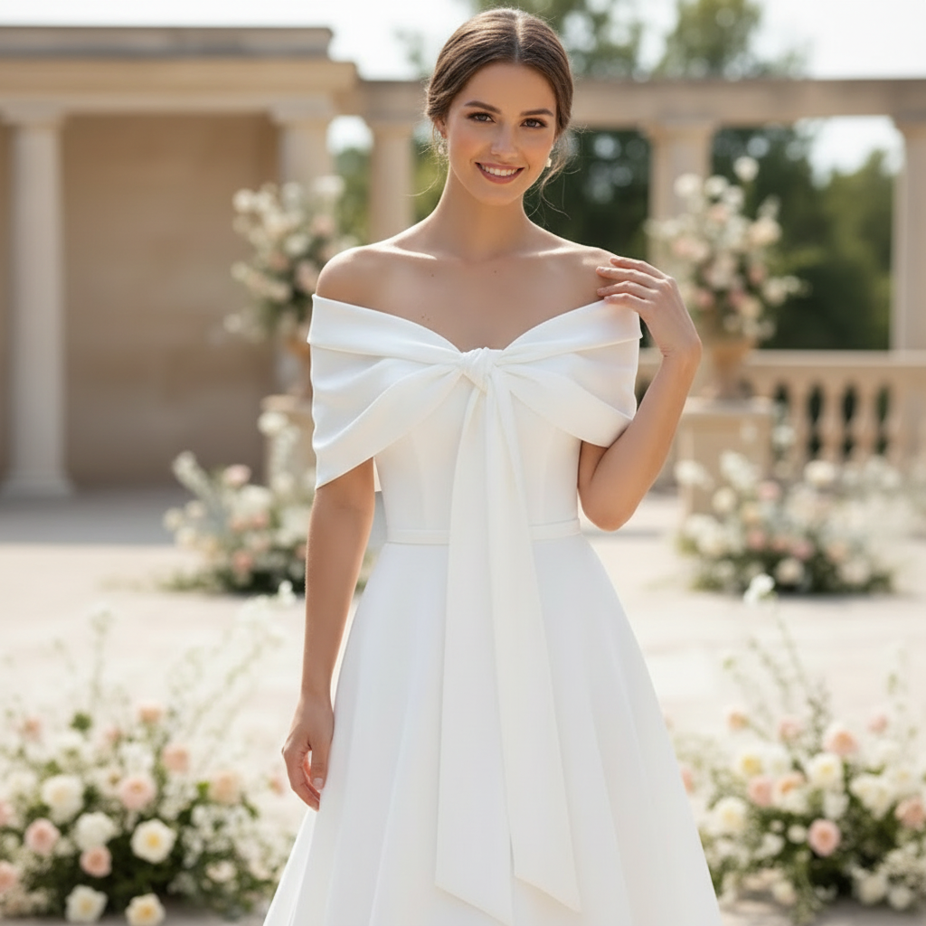 Ivory satin bridal bolero worn over an off-shoulder wedding dress, elegant and minimalist bridal wrap
