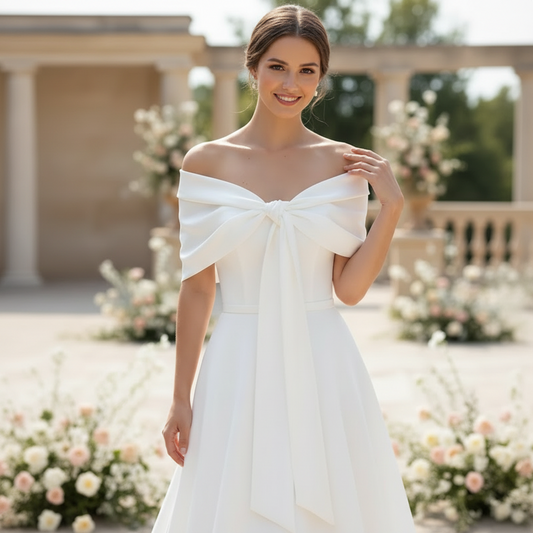Ivory satin bridal bolero worn over an off-shoulder wedding dress, elegant and minimalist bridal wrap

