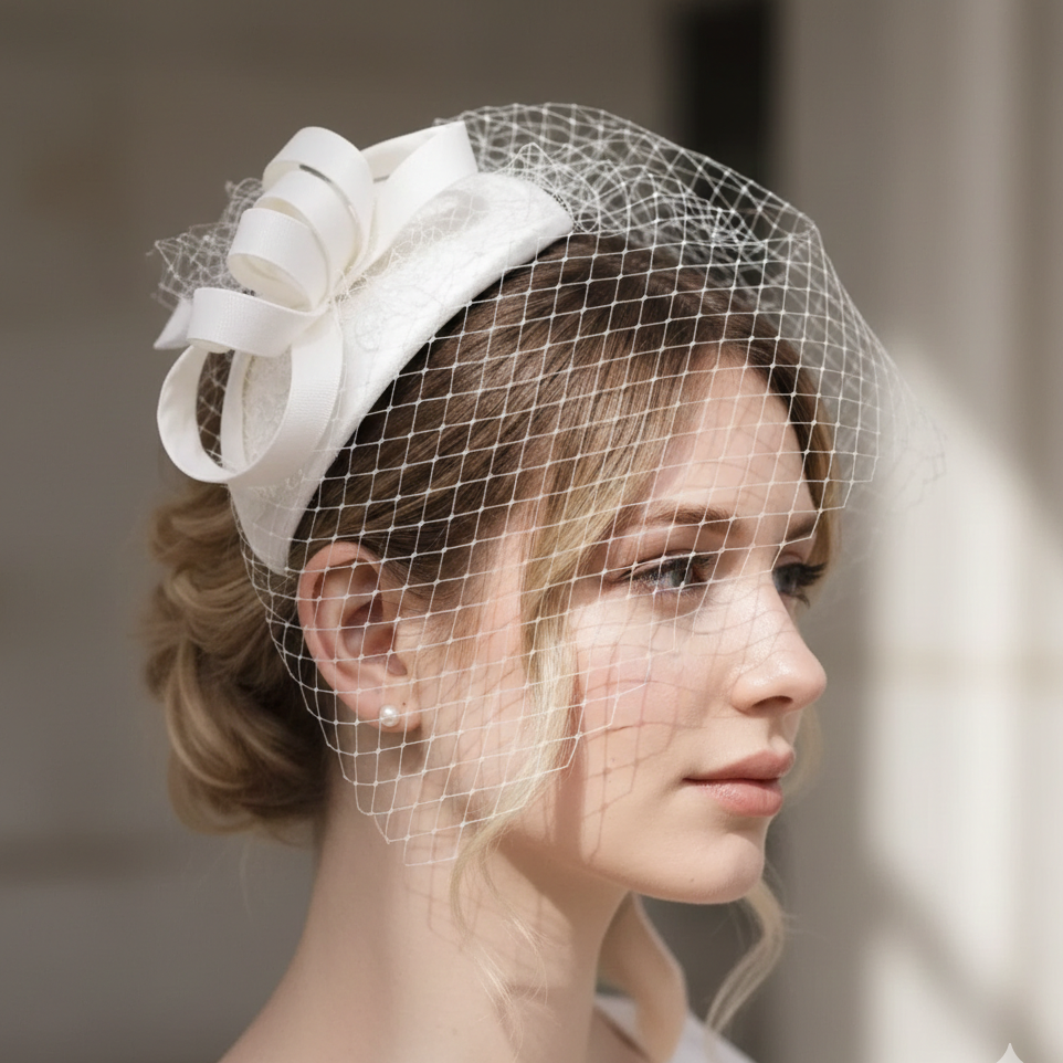 Ivory birdcage veil bridal headpiece with bow detail, styled in a classic bridal updo
